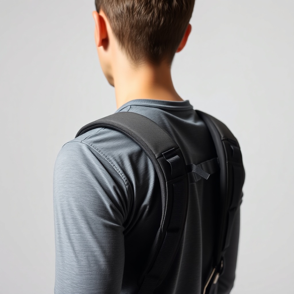 배낭 어깨 끈 상단의 로드 리프터가 45도 각도로 팽팽하게 당겨져 무게 중심을 잡아주는 상세 사진