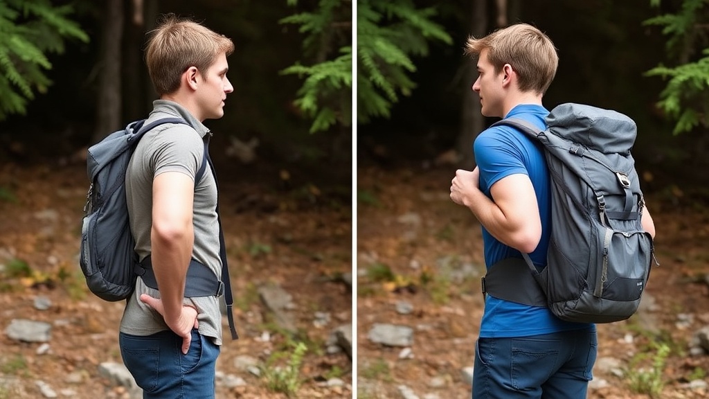 잘못된 배낭 피팅으로 인해 어깨가 굽은 자세와 올바른 피팅으로 곧은 자세를 유지하는 등산객의 측면 비교 모습