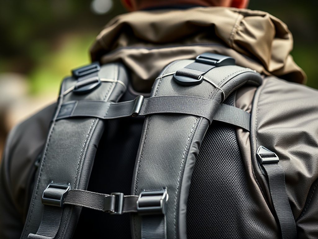 배낭 상단의 로드 리프터 스트랩을 조절하는 모습