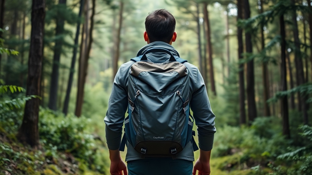 울창한 숲길 등산로에서 자신의 체형에 맞게 조절된 등산 배낭을 메고 걸어가는 등산객의 뒷모습